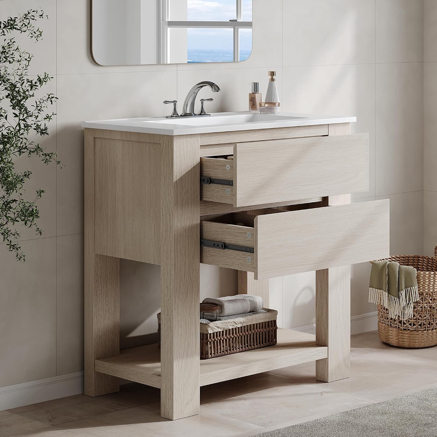 30″ Bathroom Vanity with Sink, White Oak Gray Bathroom Cabinet with 2-Drawer,
