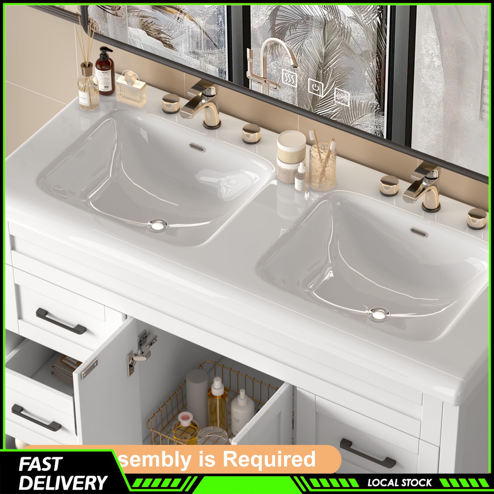 Modern 47 Inch Bathroom Vanity Double Ceramic Sinks Freestanding Drawer Cabinet