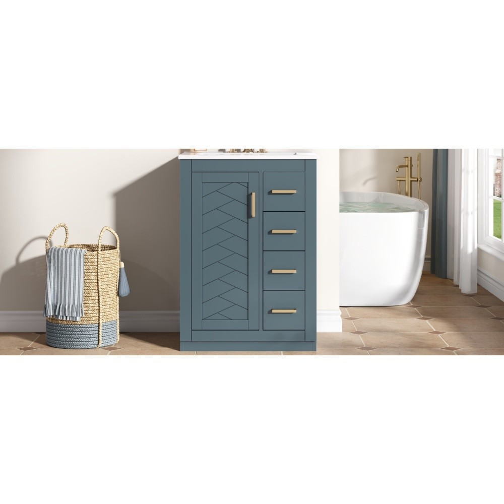24in Bathroom Vanity Integrated Ceramic Sink 1 Door 3 Drawers