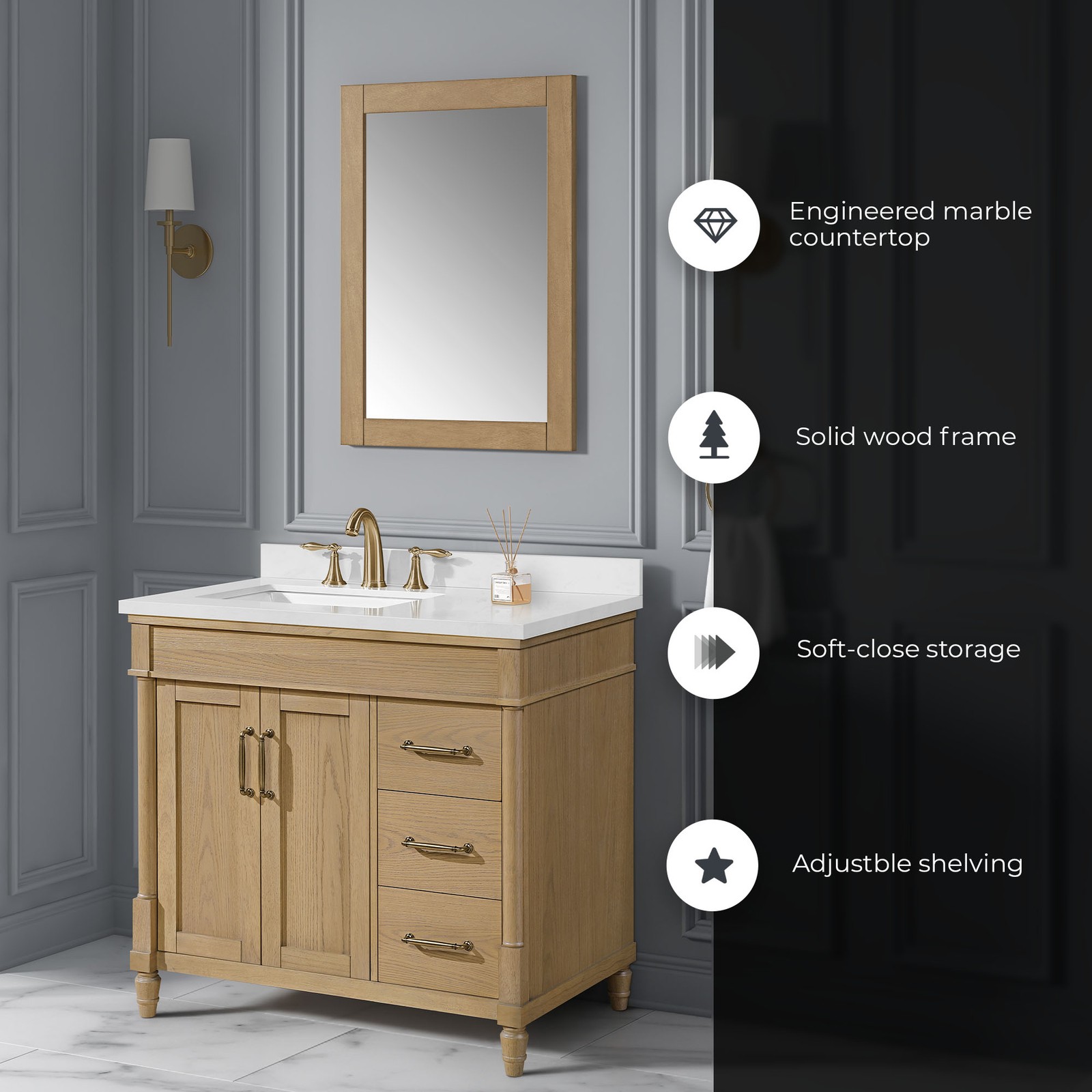 Salisbury 36″ Natural Birch Bathroom Vanity with White Countertop