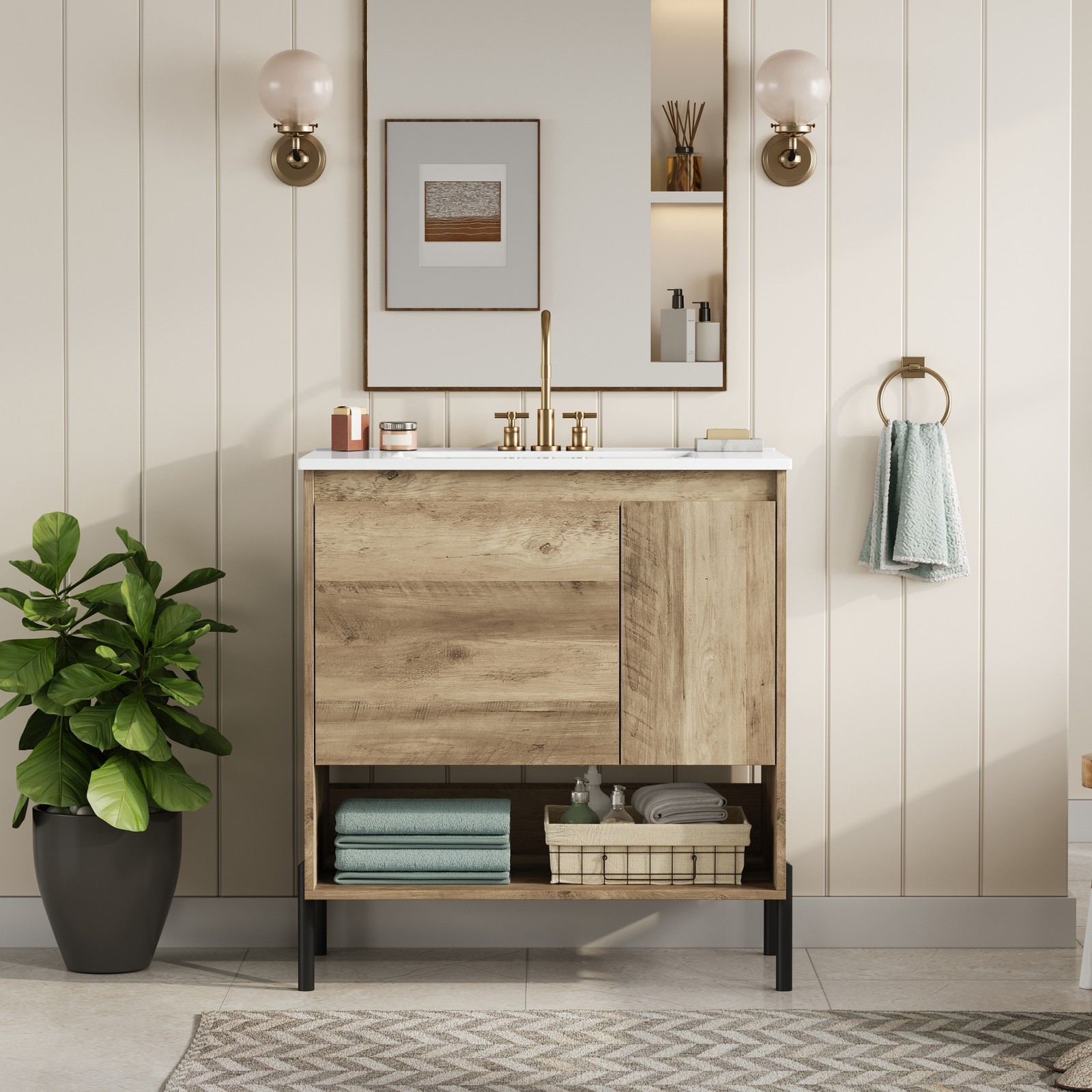 30″ Modern Wood Bathroom Vanity w/Ceramic Sink Bathroom Storage Cabinet，Drawer