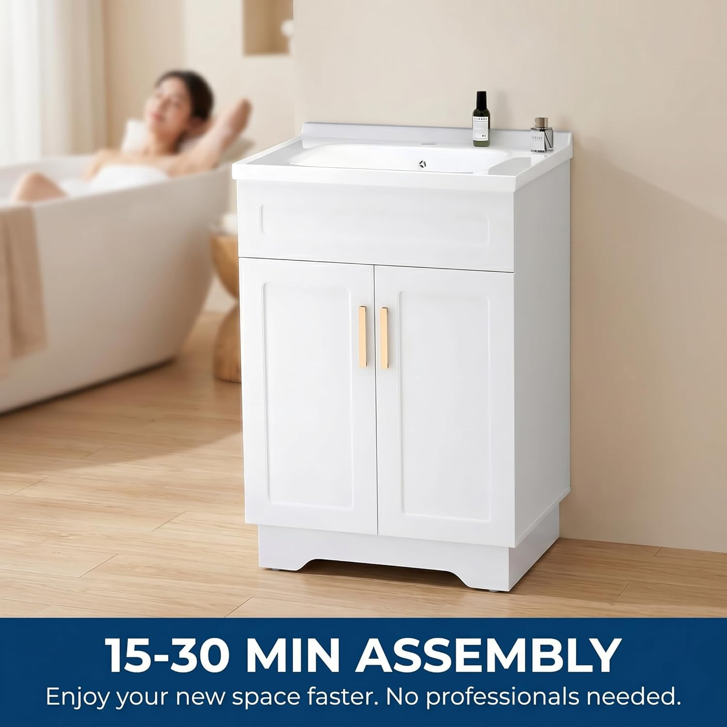 Bathroom Vanity with Ceramic Sink, Bathroom Vanity Cabinet with 2 Doors, 24 Inch