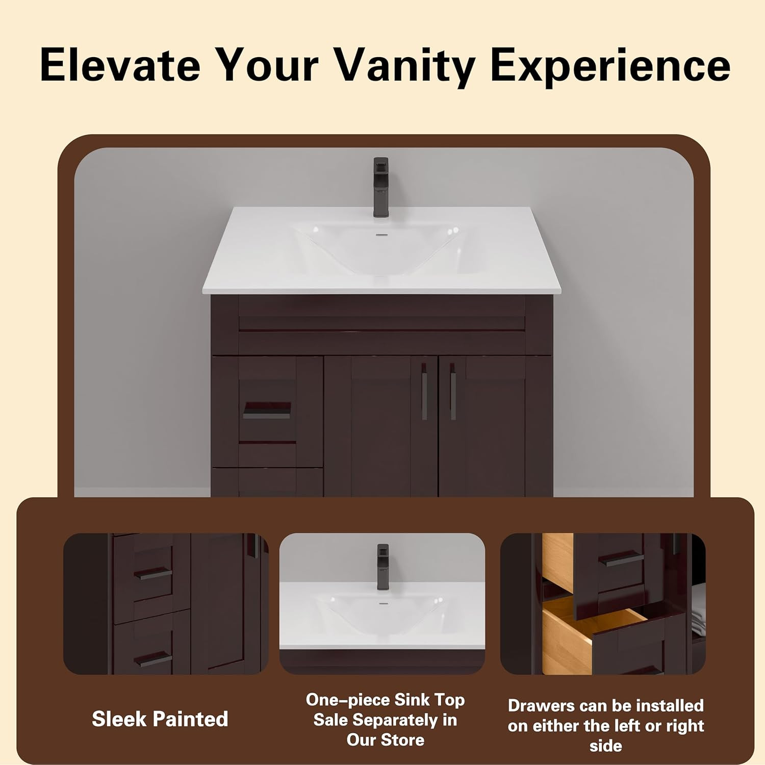 Espresso 36″ Shaker Bathroom Vanity Sink Base with Drawers – Ready to Assemble