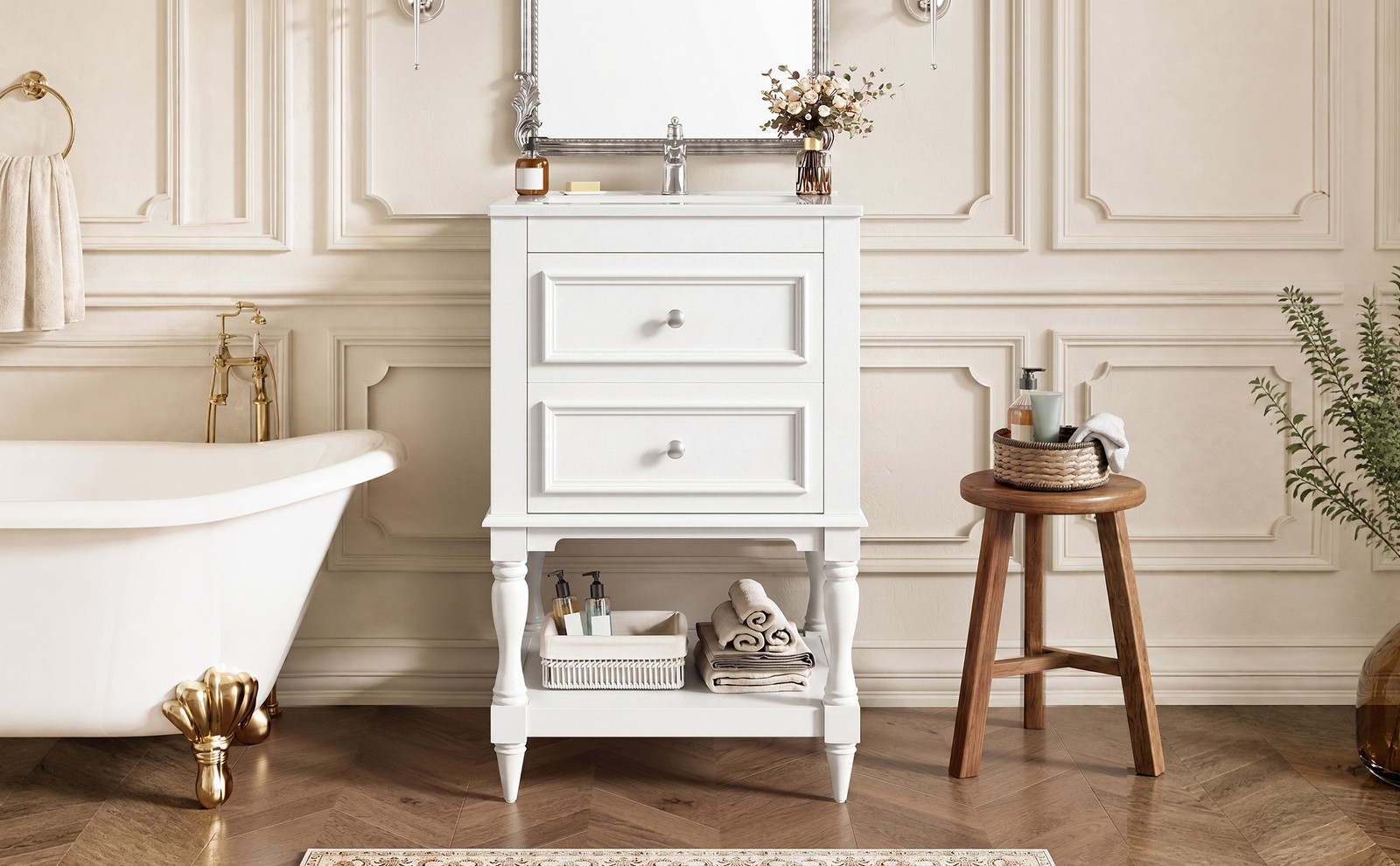20″ Bathroom Vanity with Ceramic Sink, 2 Drawers & Open Shelf, Retro Design