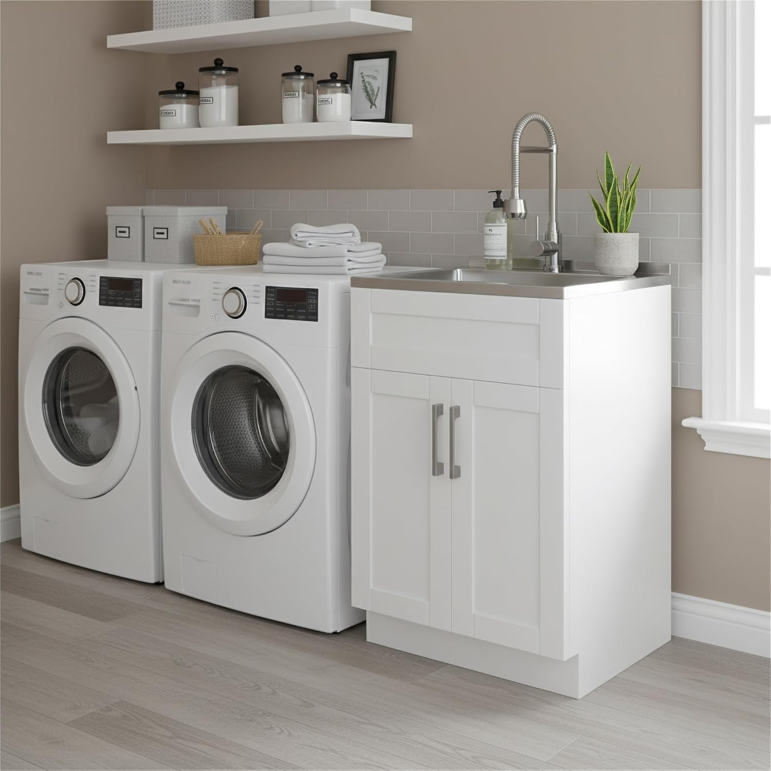 Hennessy All-in-One 24 inch Wide Utility Sink & Laundry Cabinet Pure White