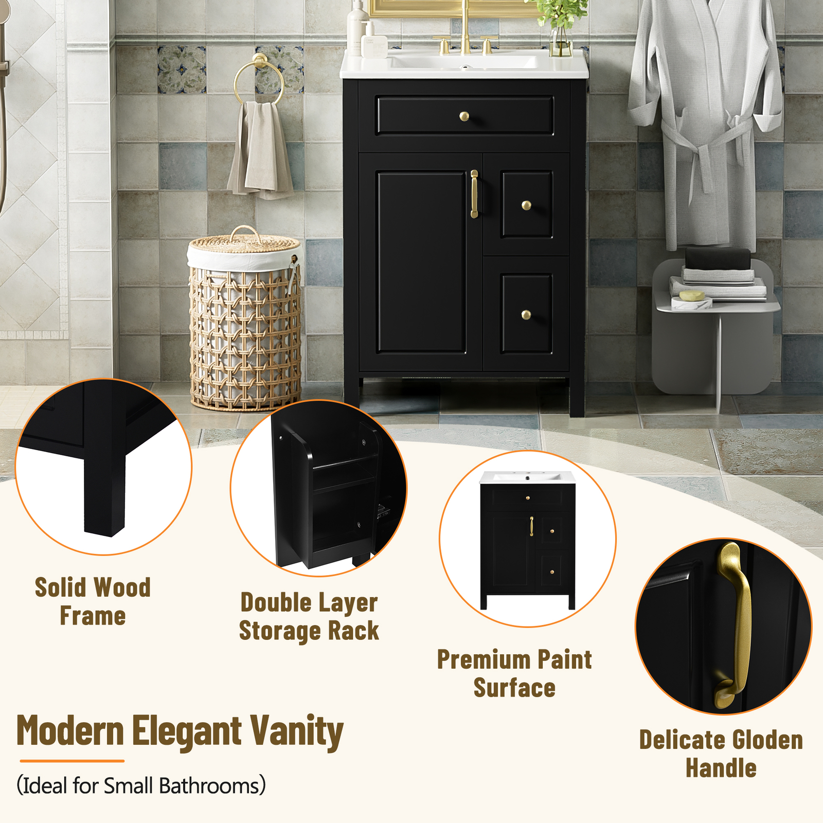 24Inch Bathroom Vanity Modern Bathroom Storage Cabinet with Ceramic Sink Black