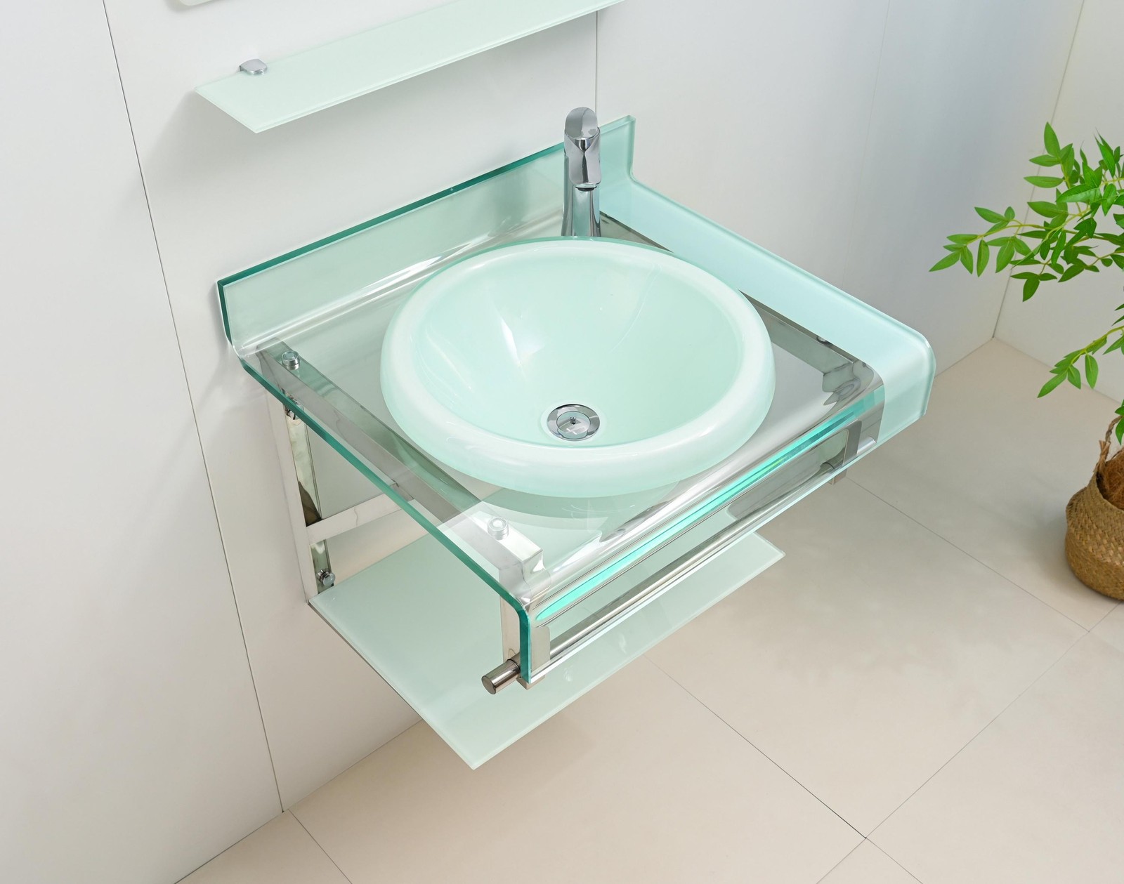 24″ WHITE Tempered Glass Bathroom Vanity Floating Sink-top backsplash Mirror
