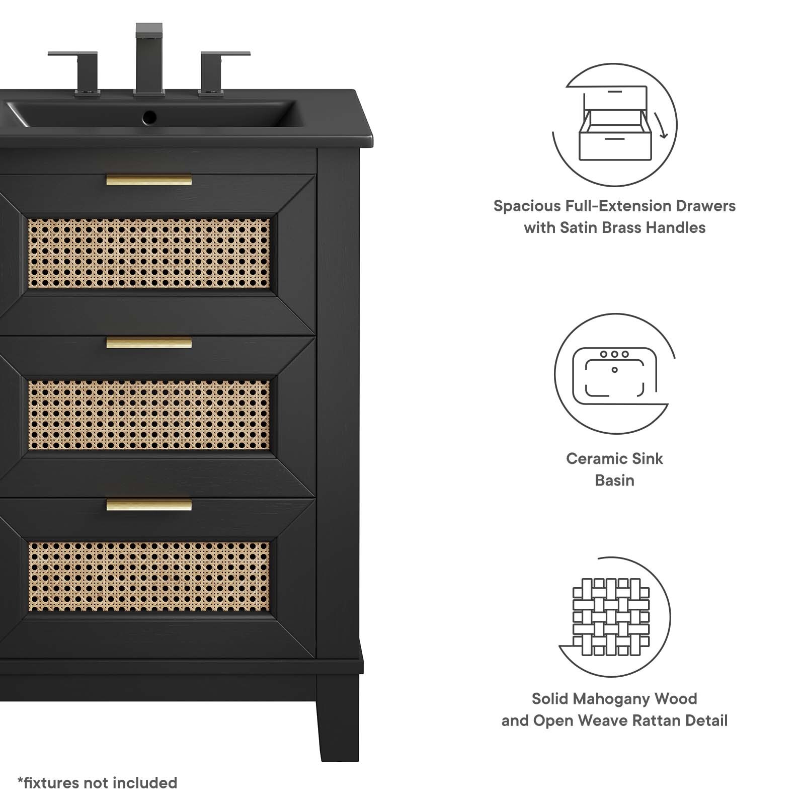 Modway Dixie 24” Solid Wood Bathroom Vanity Cabinet in Black Black