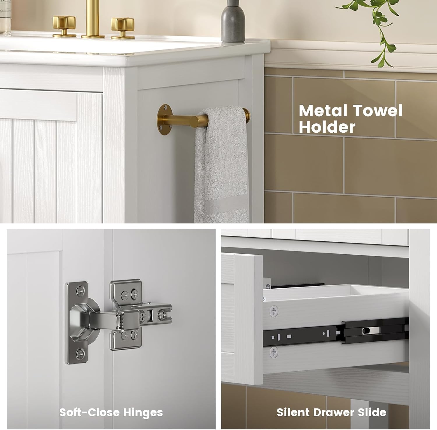 24 Bathroom Vanity with Sink and Towel Holder Modern White