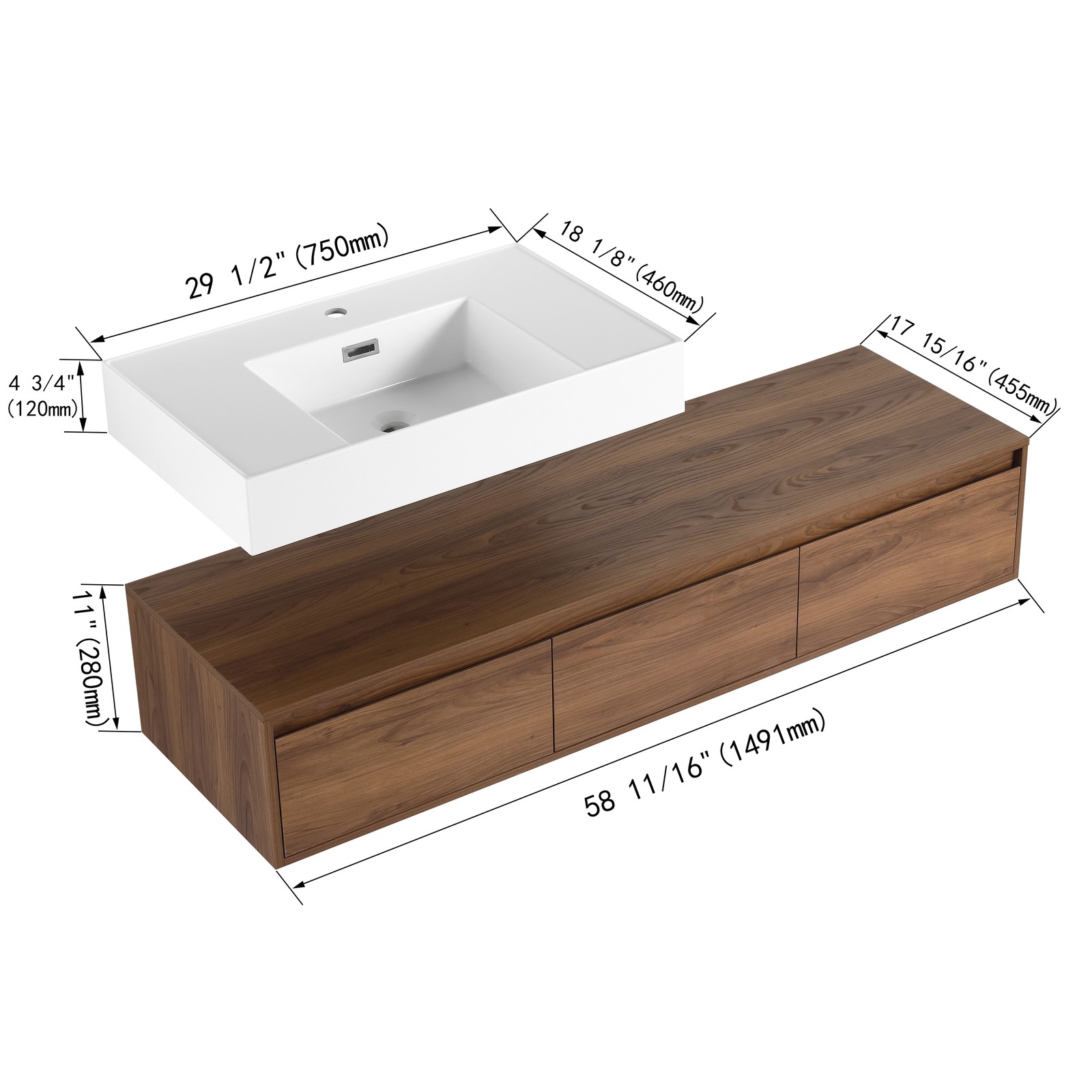 60in Wooden Wall-Mounted Bathroom Vanity Floating Vanity W/ Resin Sink +Drawers