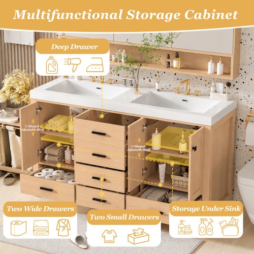 59.3″ Bathroom Vanity with Solid Wood Frame & MDF Cabinet,Double SMC Resin Sink