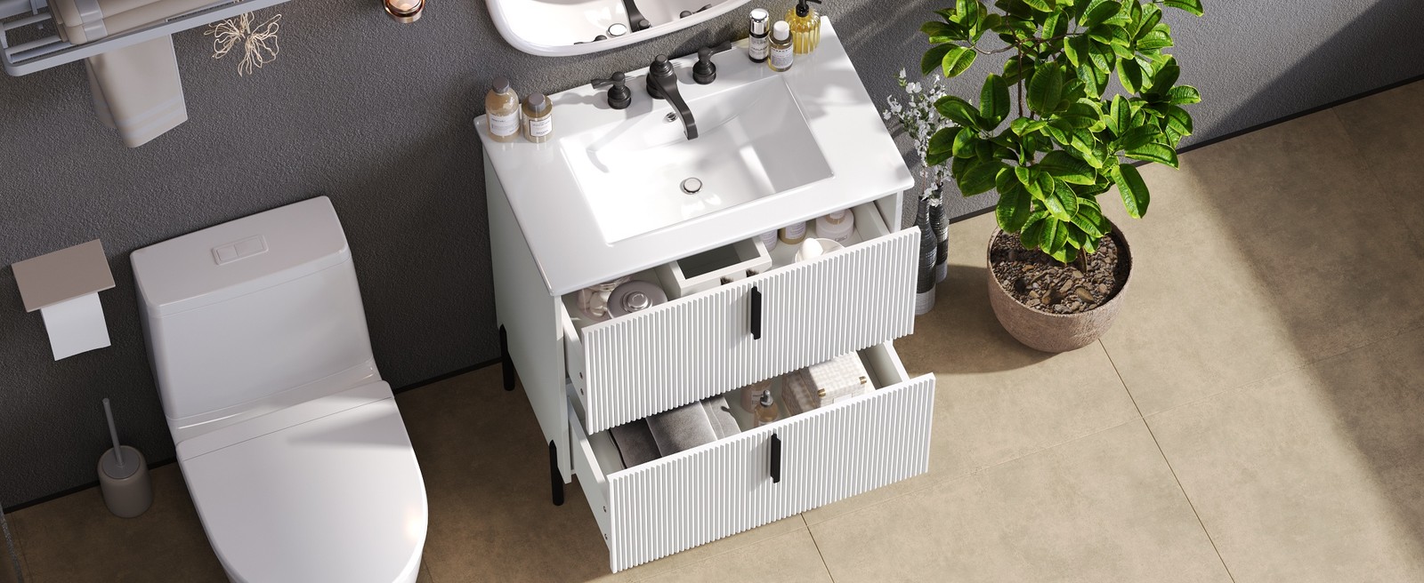 30″ White Bathroom Vanity with Ceramic Sink & Soft Close Drawers