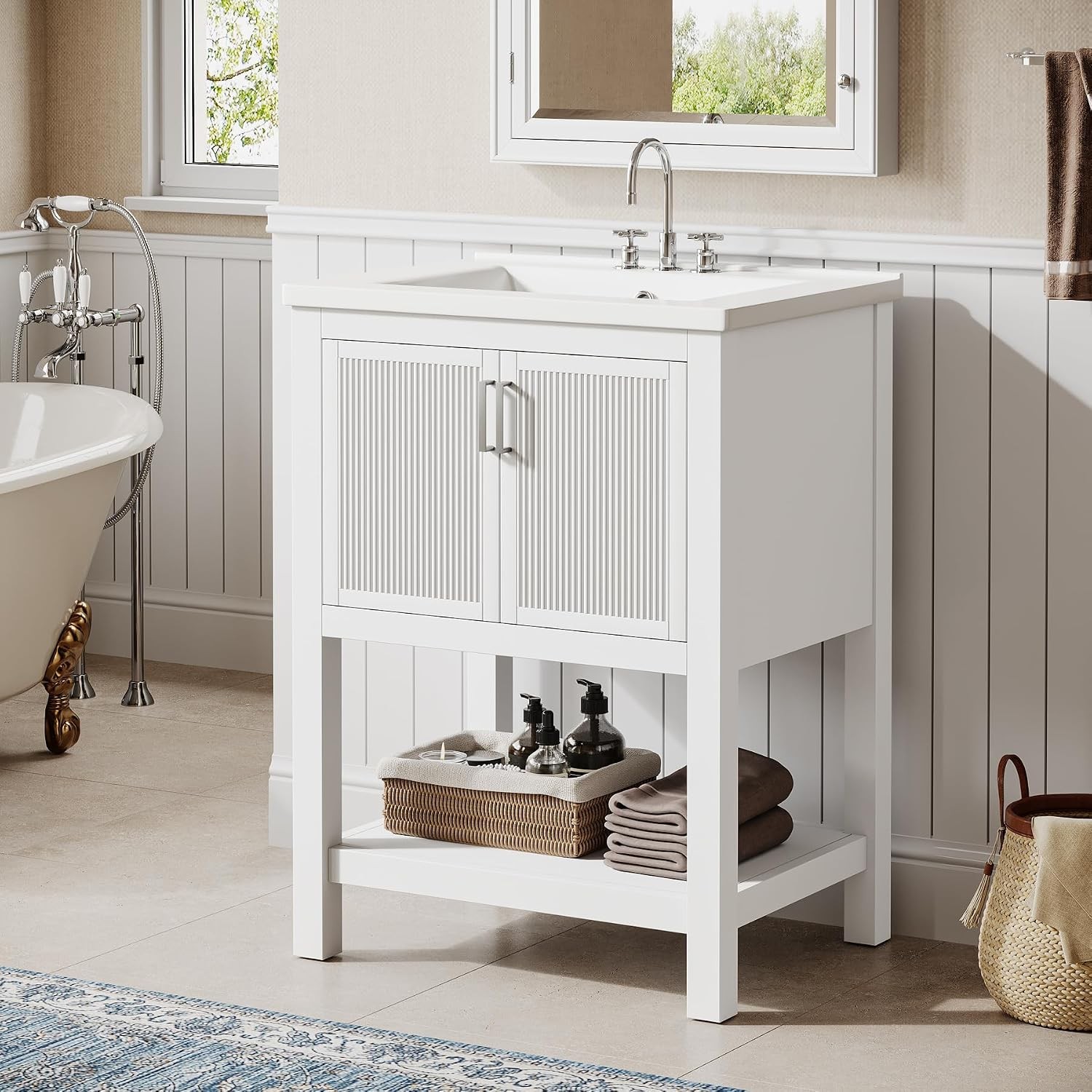 24inch Modern Bathroom Vanity Cabinet Storage with Sink Combo with 2 Doors White