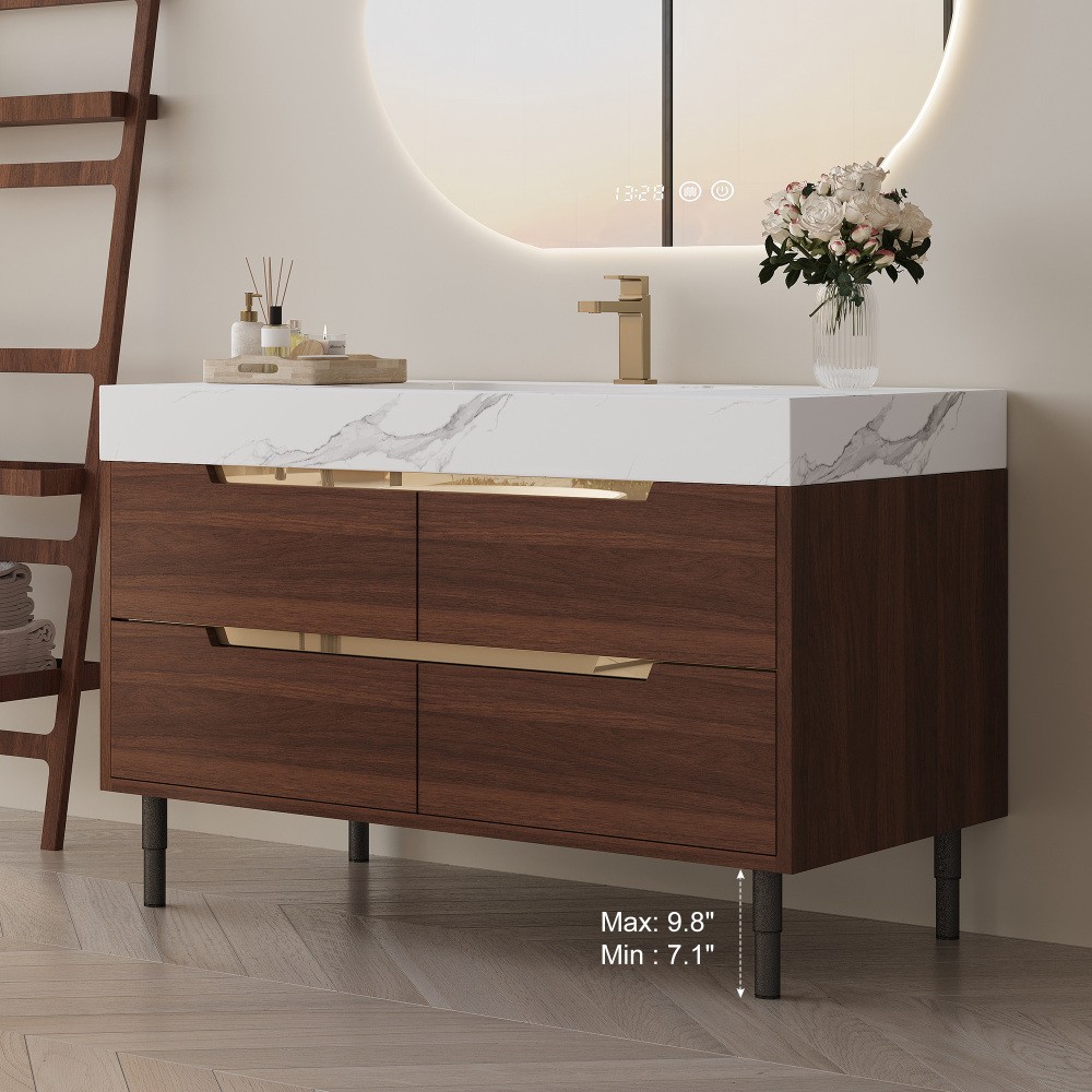 35.4″ Farmhouse Bathroom Vanity w/Sintered Stone Top，4 Drawers，Wall/Floor Mount