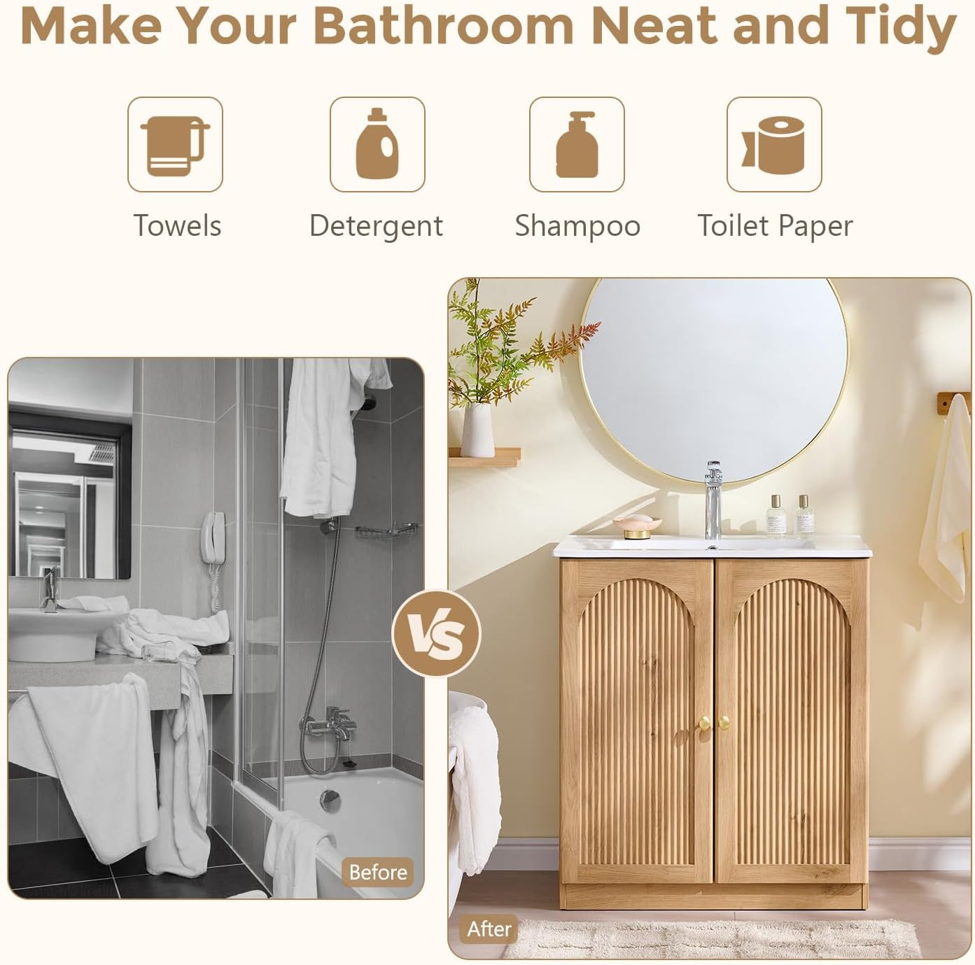 30 Inch Arched Bathroom Vanity with Sink, Modern Fluted Bathroom Vanity Cabinet