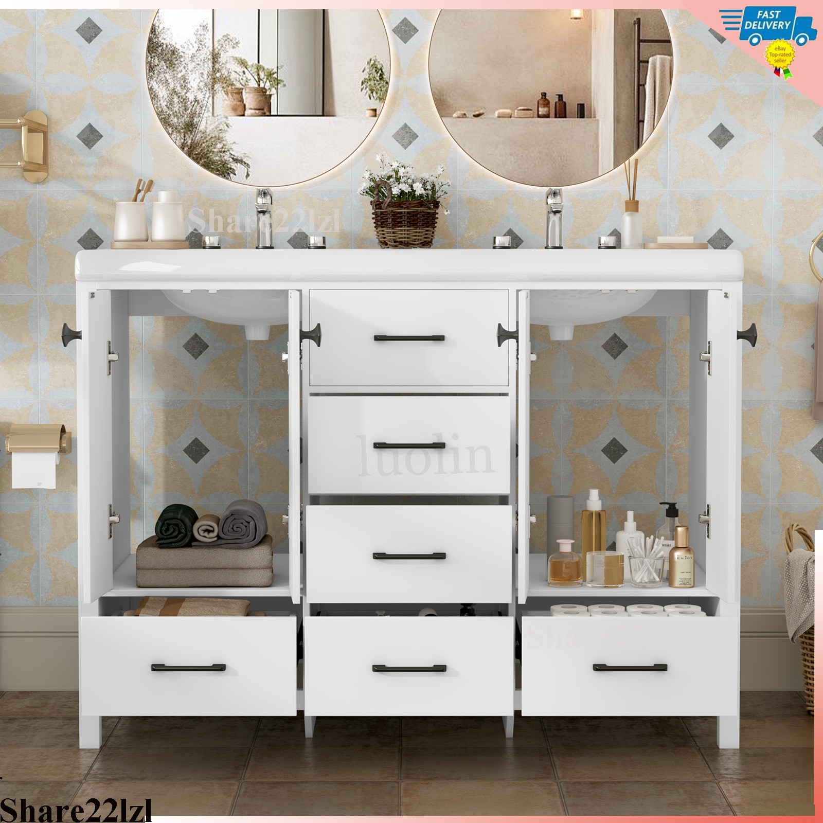 47inch Bathroom Vanity with Sink Ceramic Freestanding Cabinet with Storage Space