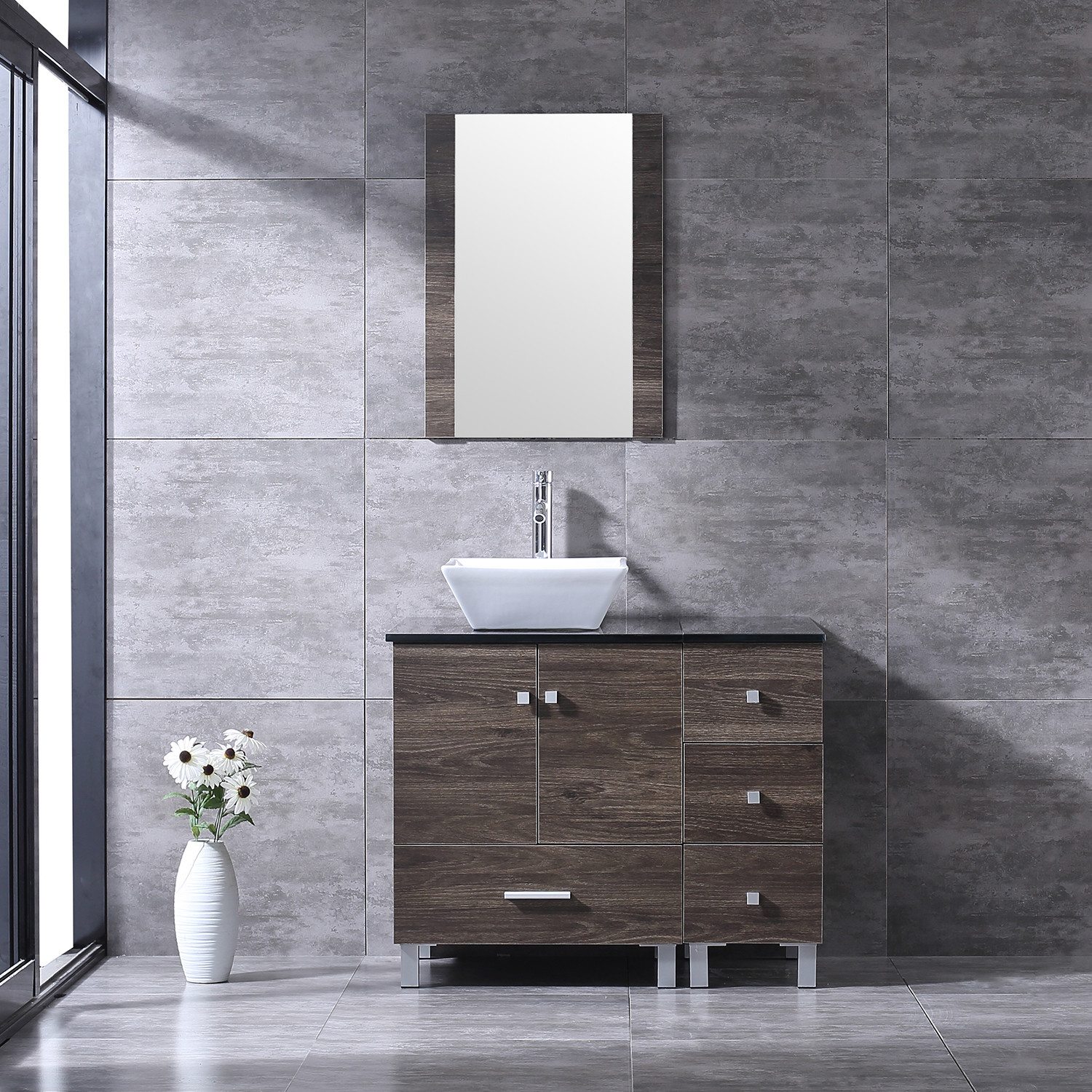 36inch Bathroom Vanity Single Cabinet 4 Ceramic Sink w/Black Glass Top Set Brown
