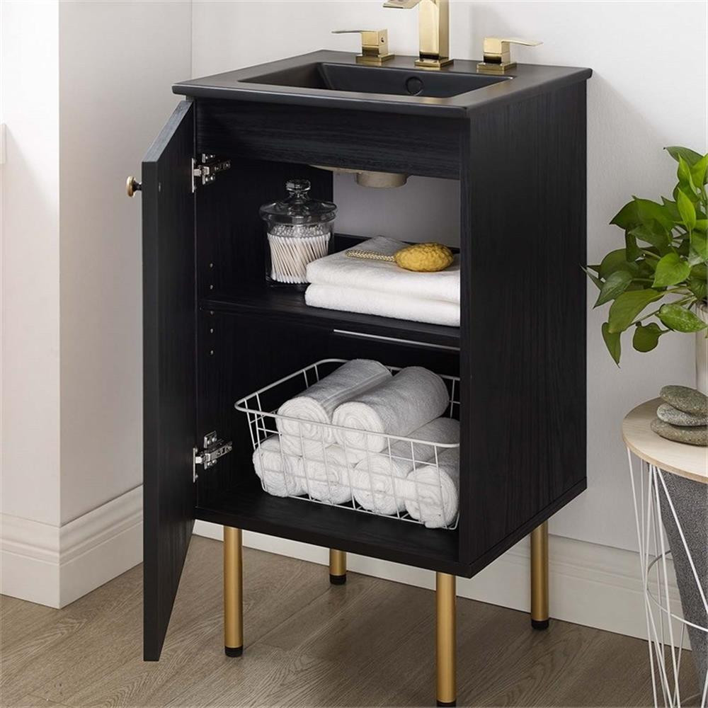 Modway Chaucer 18″ Wood & Rattan Bathroom Vanity with Adjustable Shelf in Black