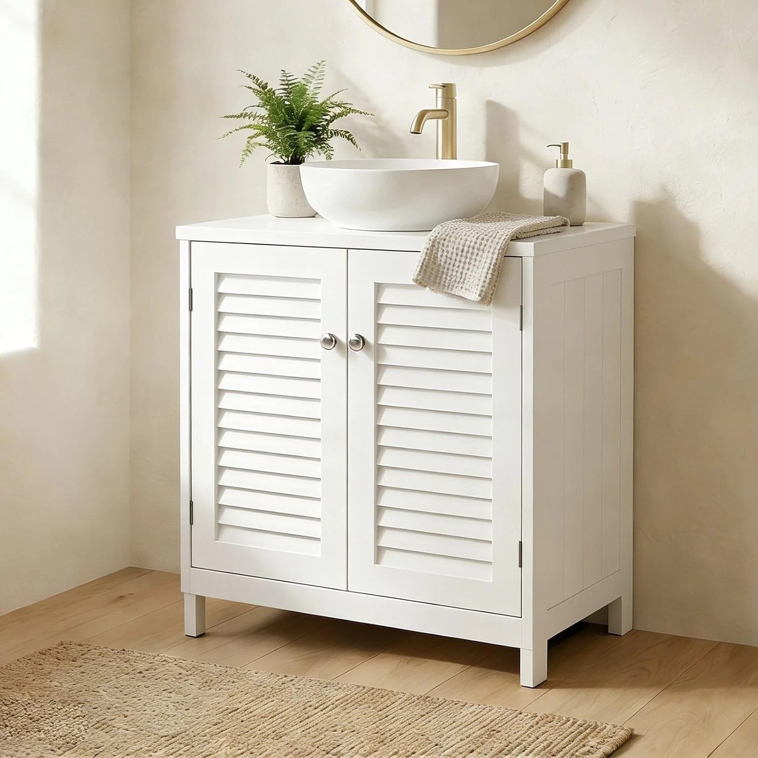 Elegant Under Sink Cabinet in White – U-Shaped Freestanding Storage Solution