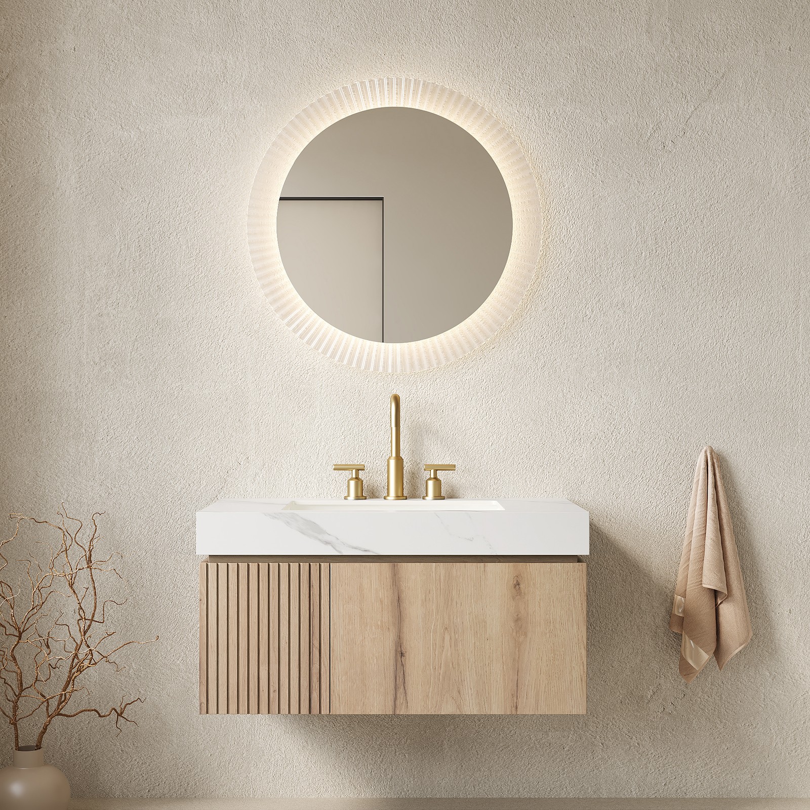 36″ Bathroom Vanity Sink Floating Plywood Cabinet White Oak Carrara White Stone