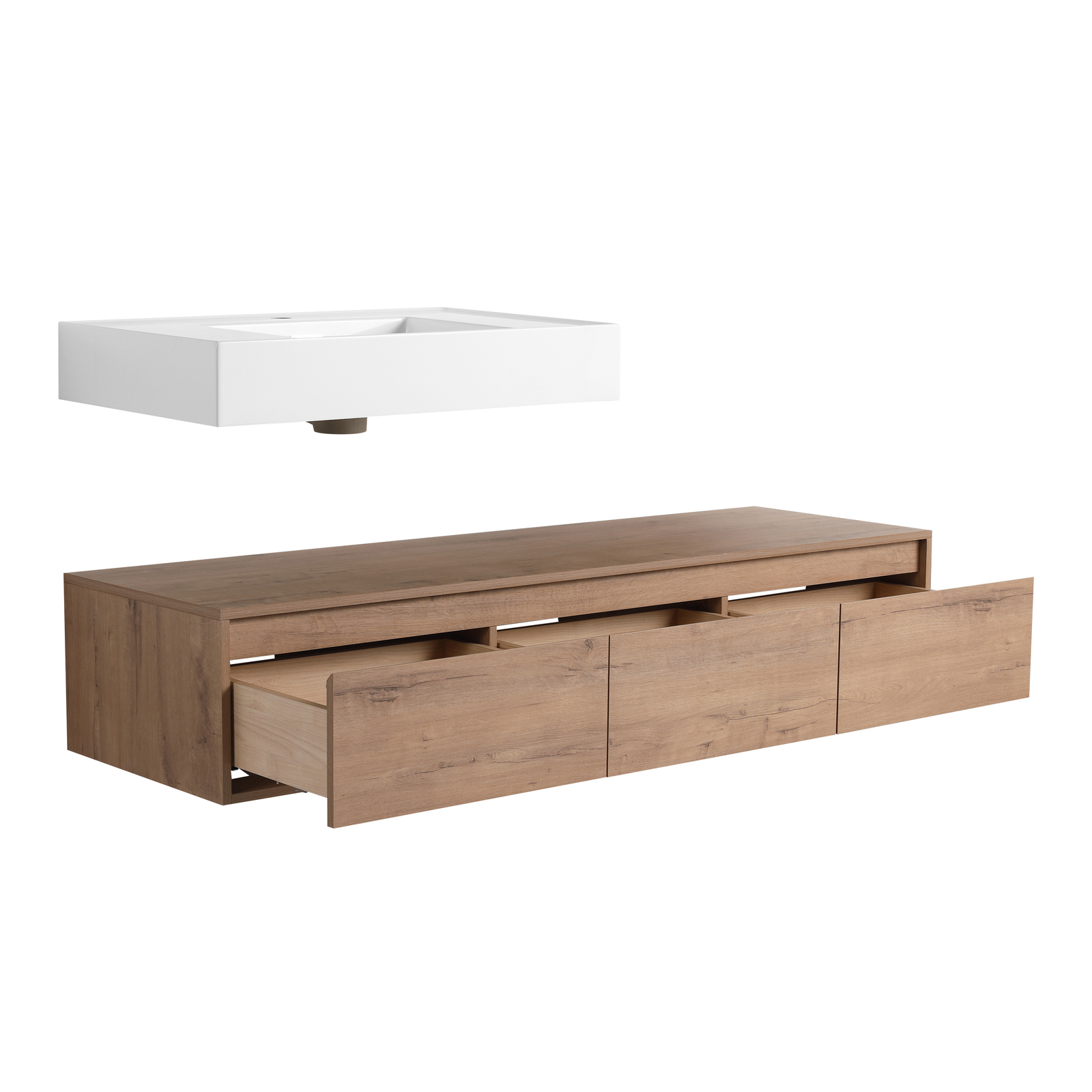 60″ Wood Wall Mount Bathroom Vanity Resin Sink Floating Vanity Sink Vessel Sink