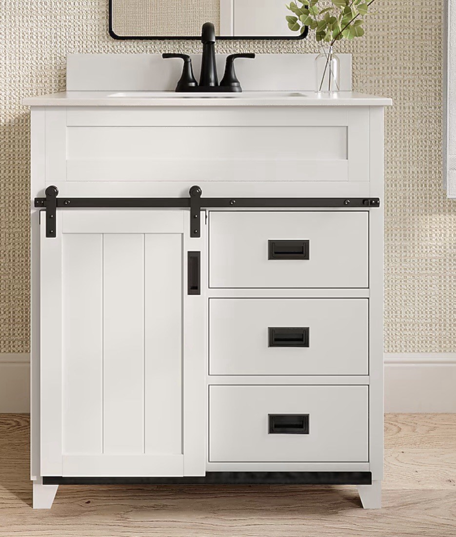 Style Selections Morrison 30-in BR Vanity White Marble Top Barn Door #5430865