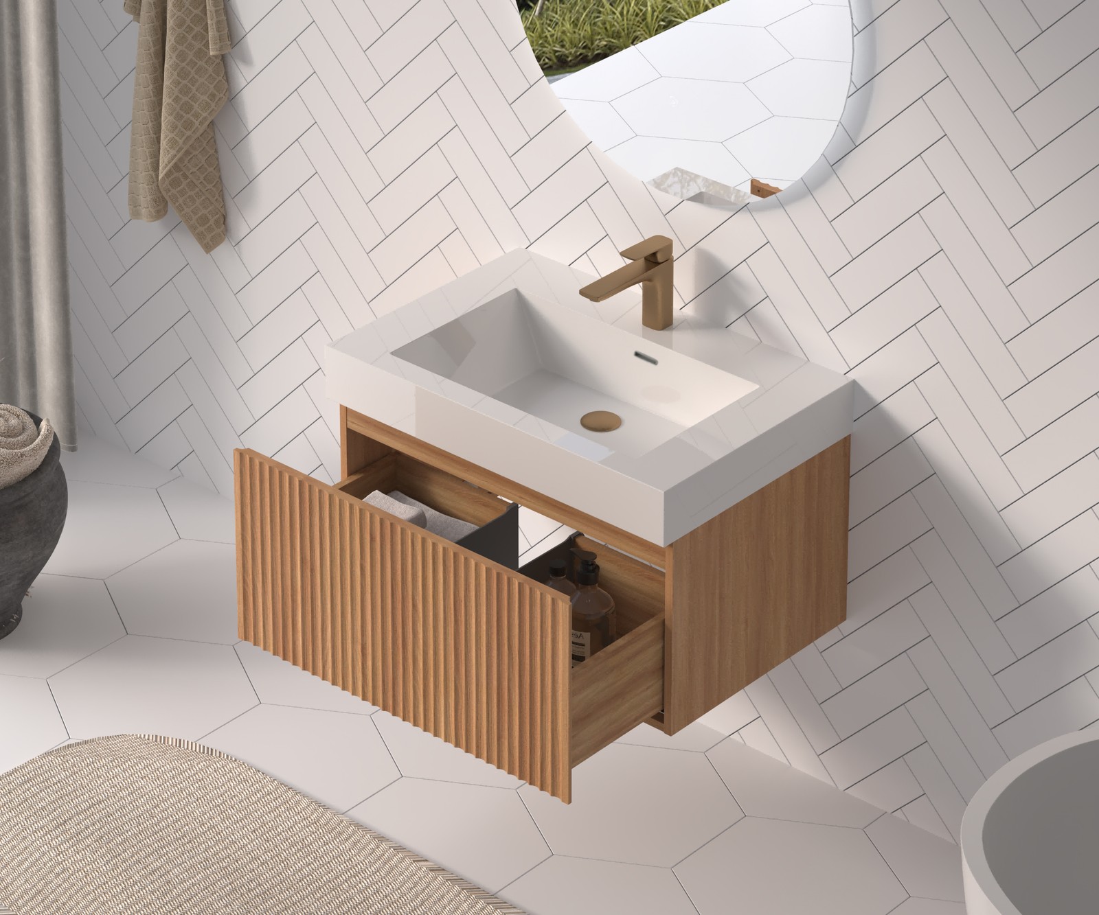 30″ Floating Bathroom Vanity with Integrated Sink, Acacia Plywood Cabinet