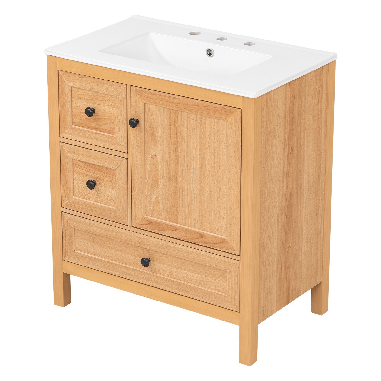 30″ Bathroom Vanity with Ceramic Sink Wood Grain Cabinet with Soft-Close Drawer