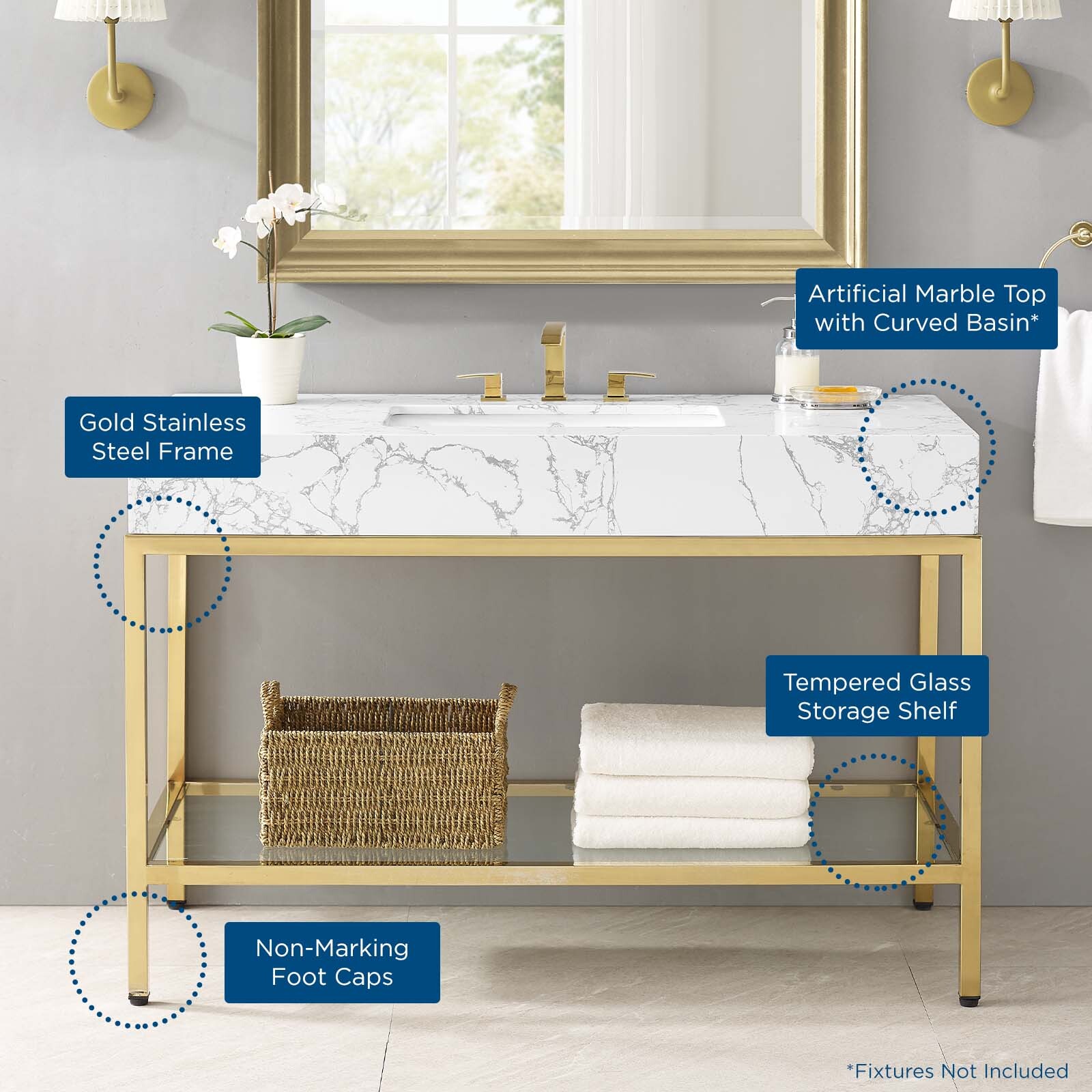 Modway Kingsley 50″ Gold Stainless Steel Bathroom Vanity in Gold White