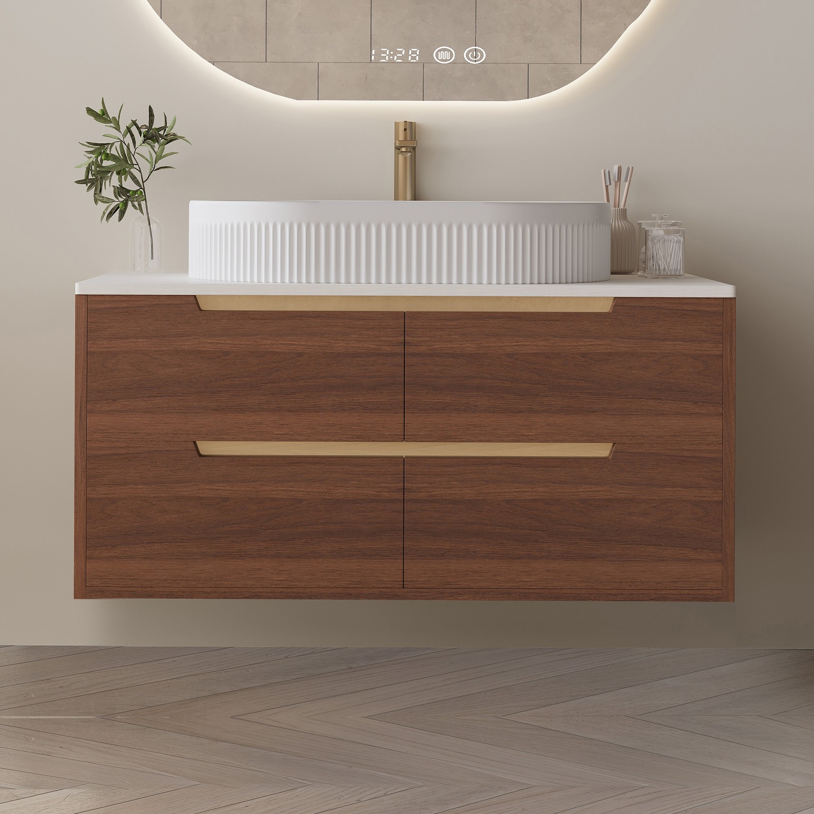 Bathroom Vanity w/Ceramic Integrated Sink, Storage Cabinet w/Soft-Close Drawers