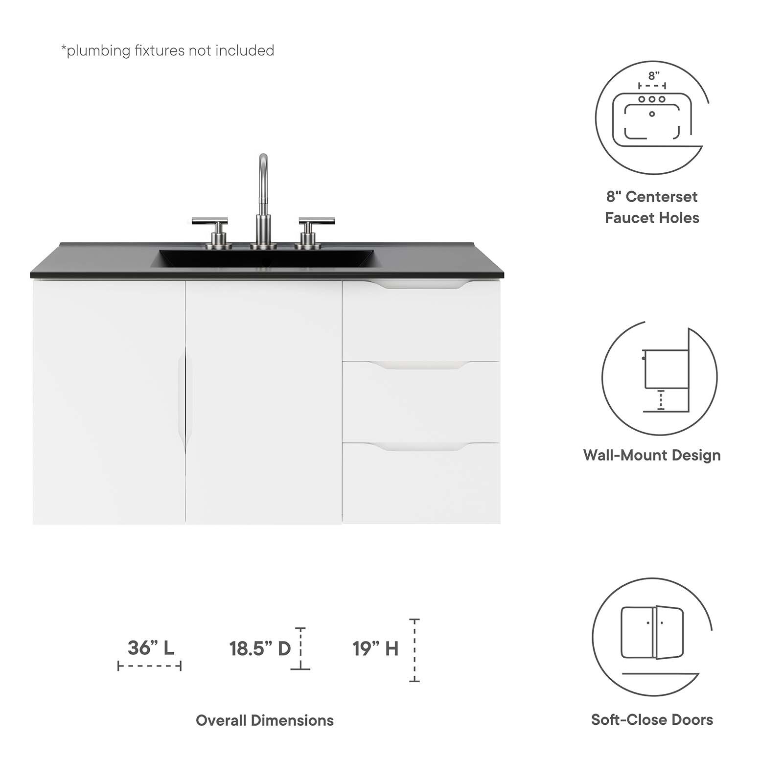 Modway Vitality 36″ Wall-Mount Bathroom Vanity in White Black
