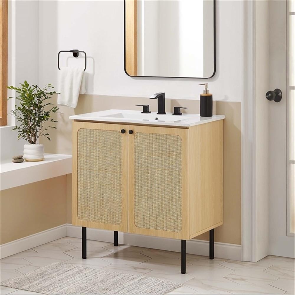 Pemberly Row Contemporary 30″ Wood & Rattan Bathroom Vanity in Oak/White