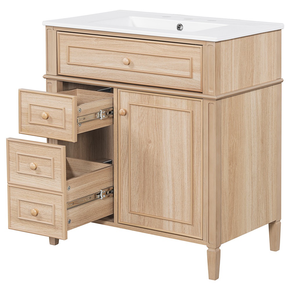 30″ Bathroom Vanity w/Ceramic Sink, Freestanding Bath Vanity Cabinet, 3 Drawers