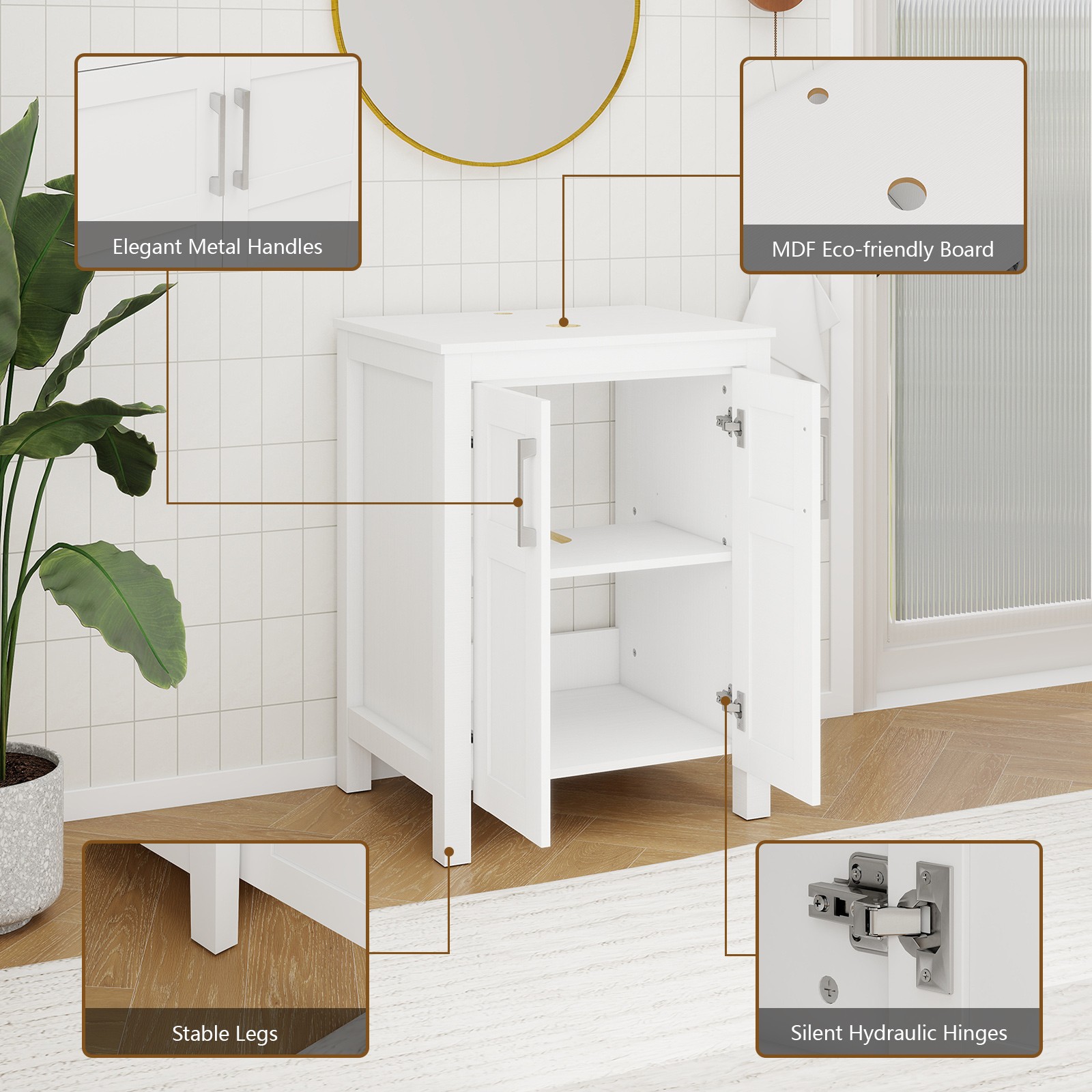 24″ Freestanding Bathroom Vanity White Cabinet Vessel Sink Faucet Pop Up Drain