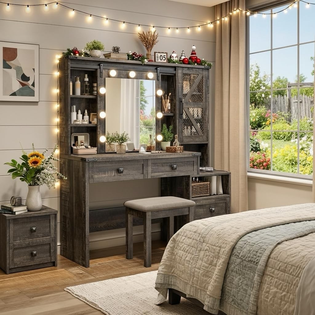 Farmhouse Vanity Desk Sliding Mirror Lights Drawers RGB Cabinet Jewel Rustic Oak