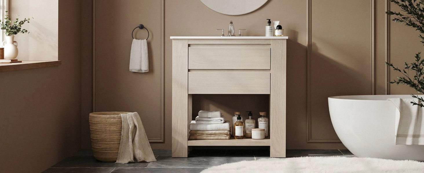 30″ Bathroom Vanity with Sink, White Oak Gray Bathroom Cabinet with 2-Drawer,