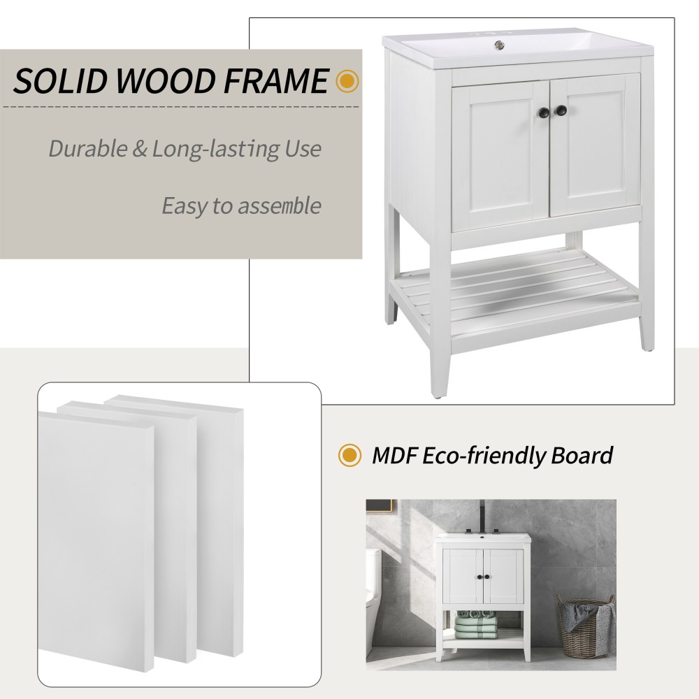24″ White Bathroom Vanity w/Ceramic Sink & Solid Wood Frame