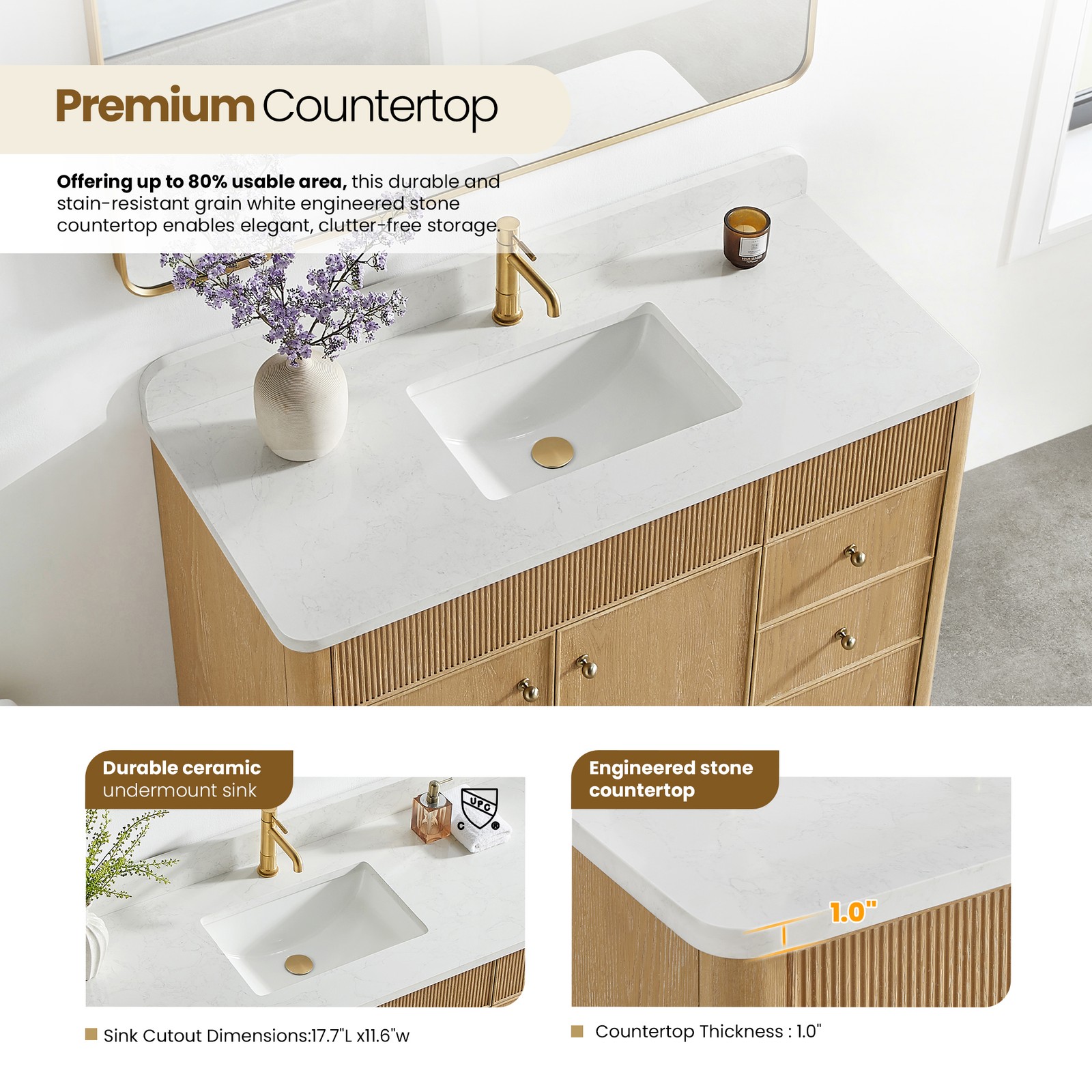 Zogno 48″ Solid Wood Single Bath Vanity in Washed Ash Gray with White Stone Top