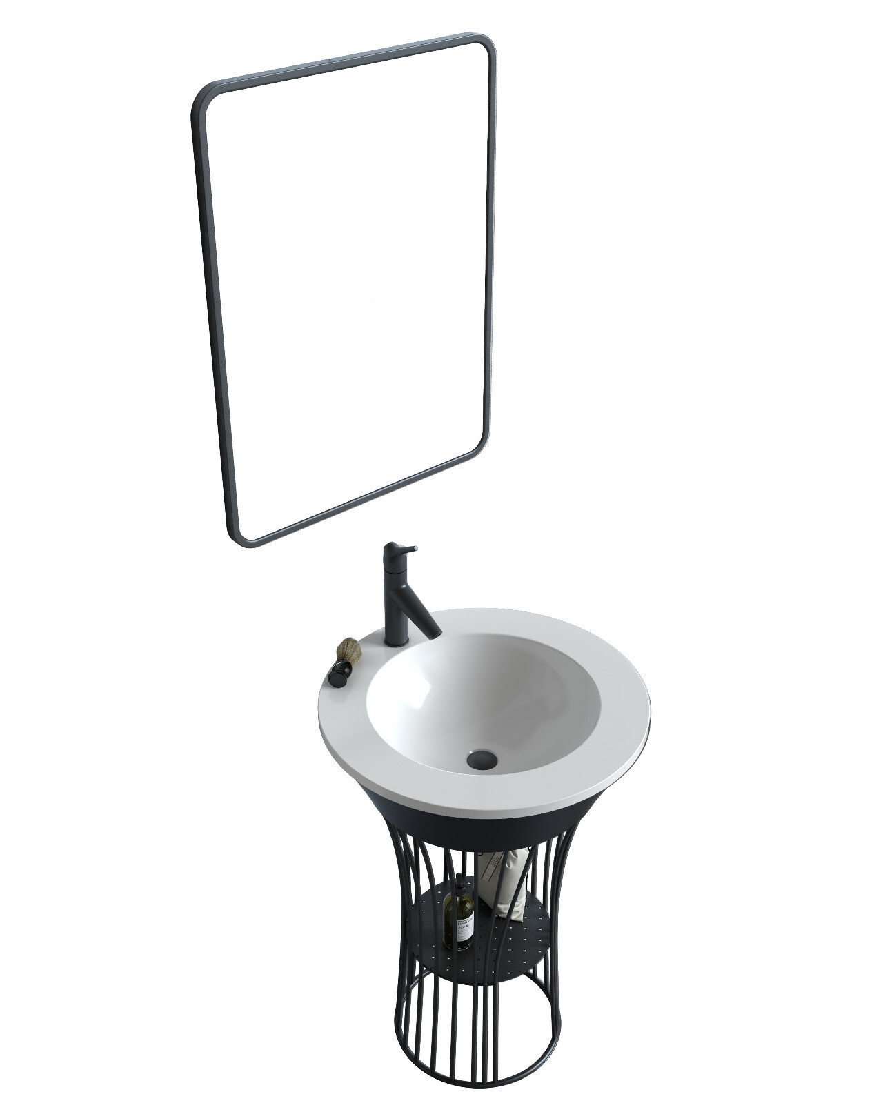 24″ Dia. Single Sink Metal Vanity Set with Mirror, Matte Black, Stainless Steel