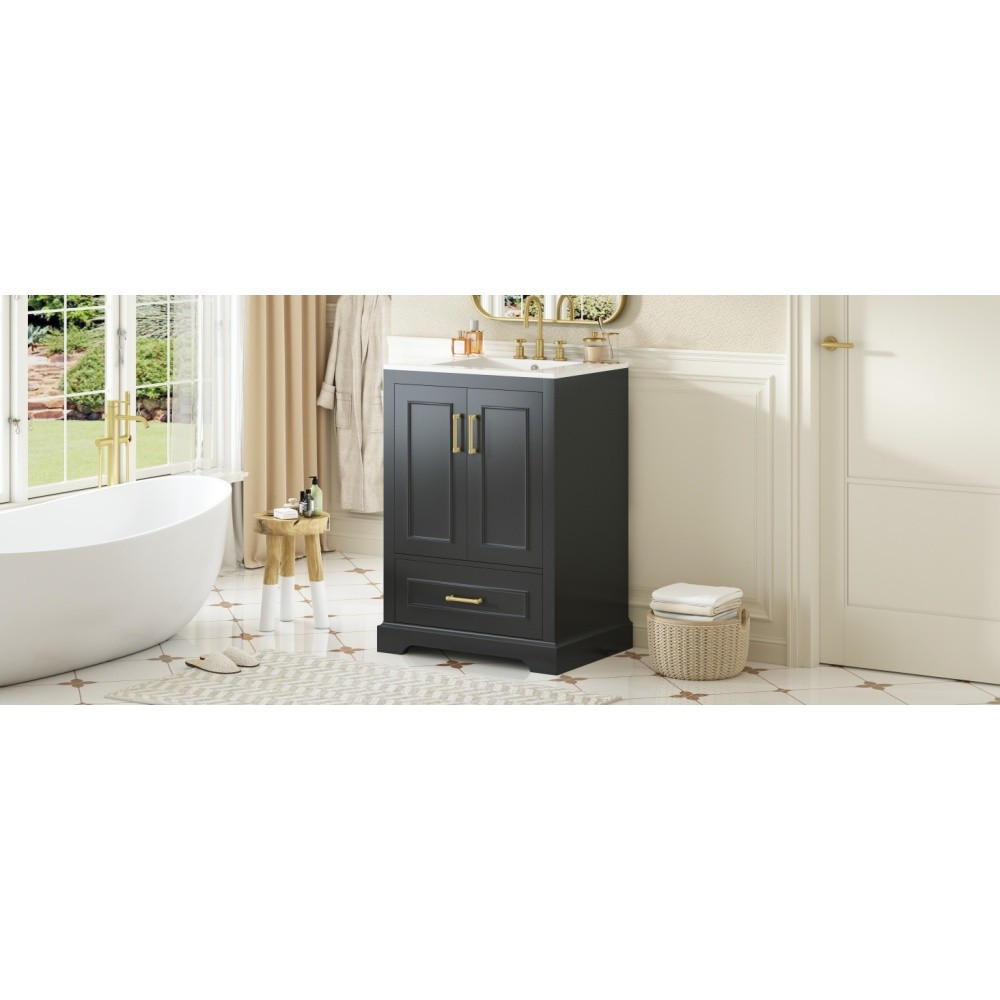 24″Bathroom Vanity with Sink, MDF Cabinet with Solid Wood Frame 1 Divided Drawer