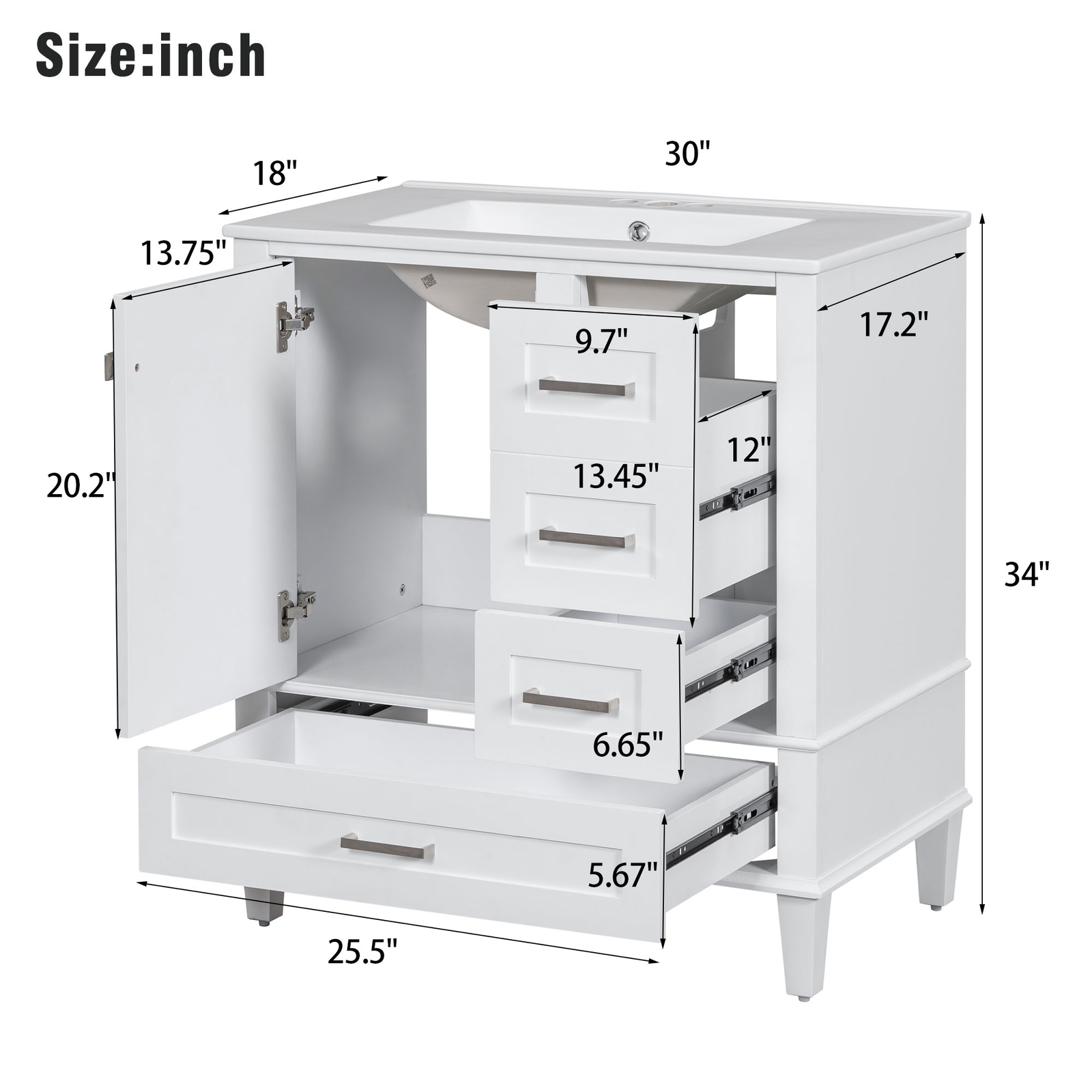 30″ Solid Wood Bathroom Vanity Cabinet with Resin Sink Top, 1 Door and 3 Drawers