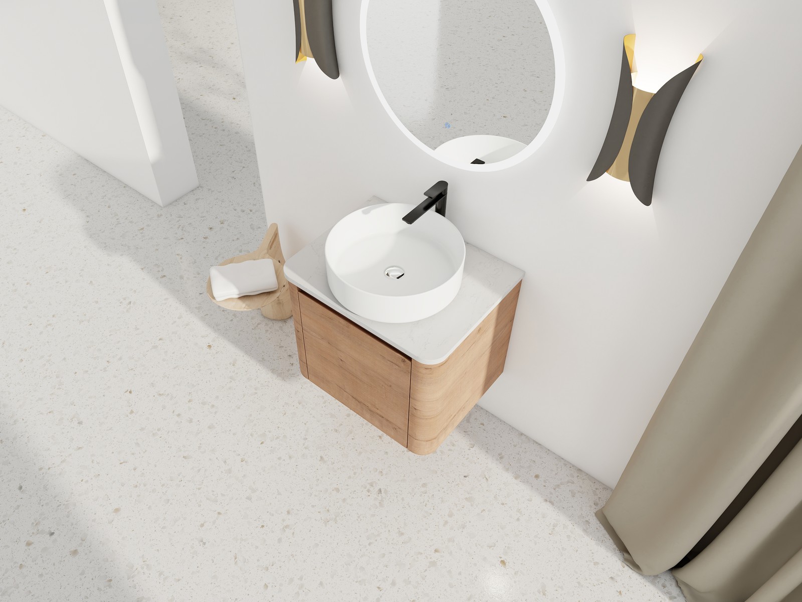 24 In Bathroom Vanity With White Flat Stone Slab Top White Ceramic Vessel Sink