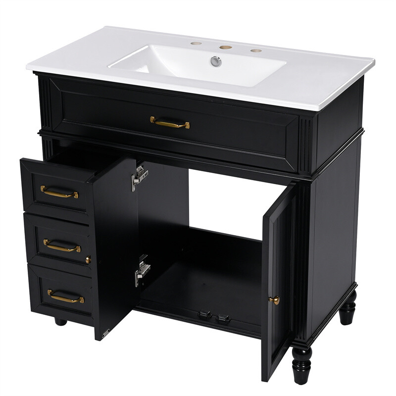 36″ Bathroom Vanity Set with Sink, Black Bathroom Cabinet w/3 Drawers & 2 Doors