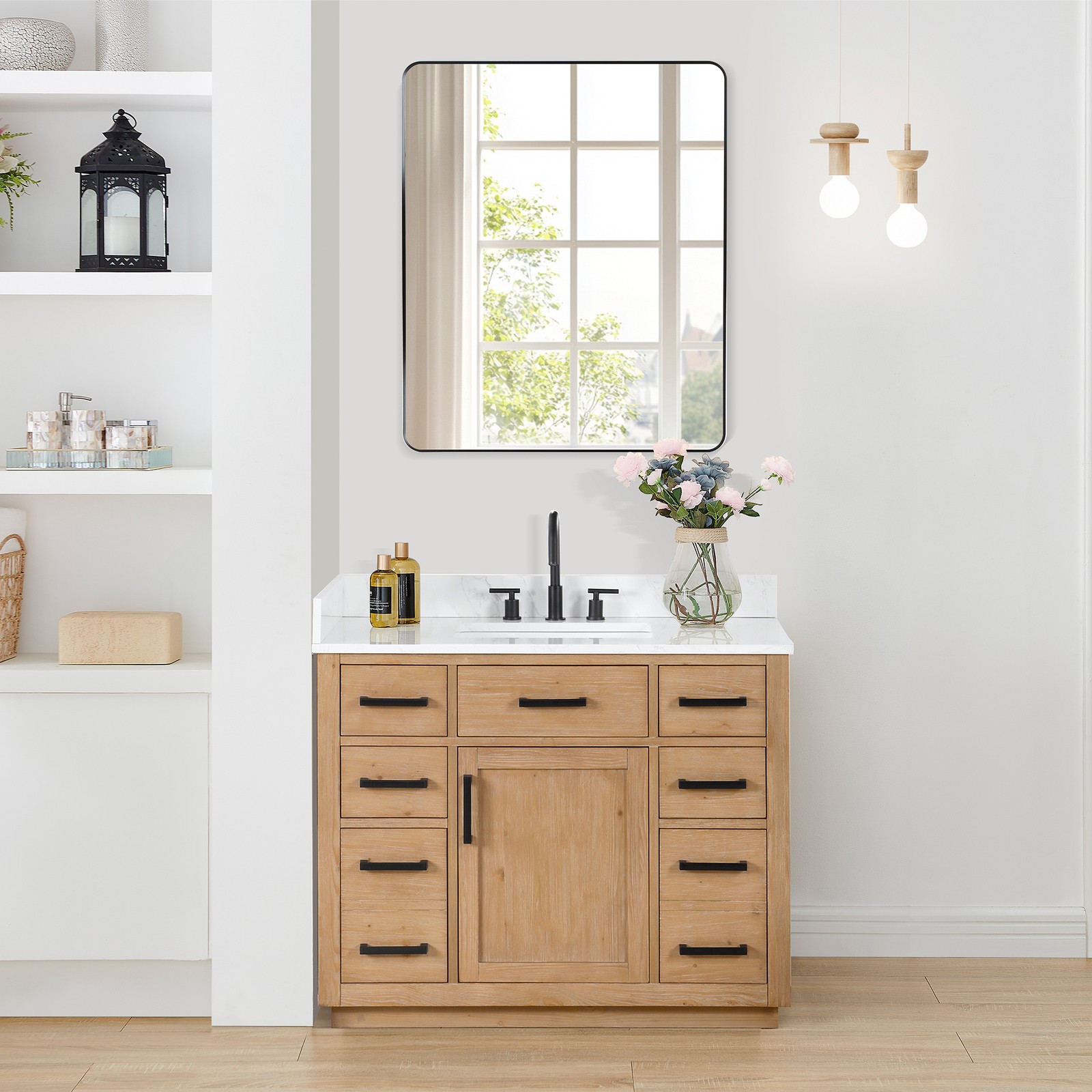 Gavino 42″ Wood Vanity in Light Brown with Composite Stone Top with Mirror