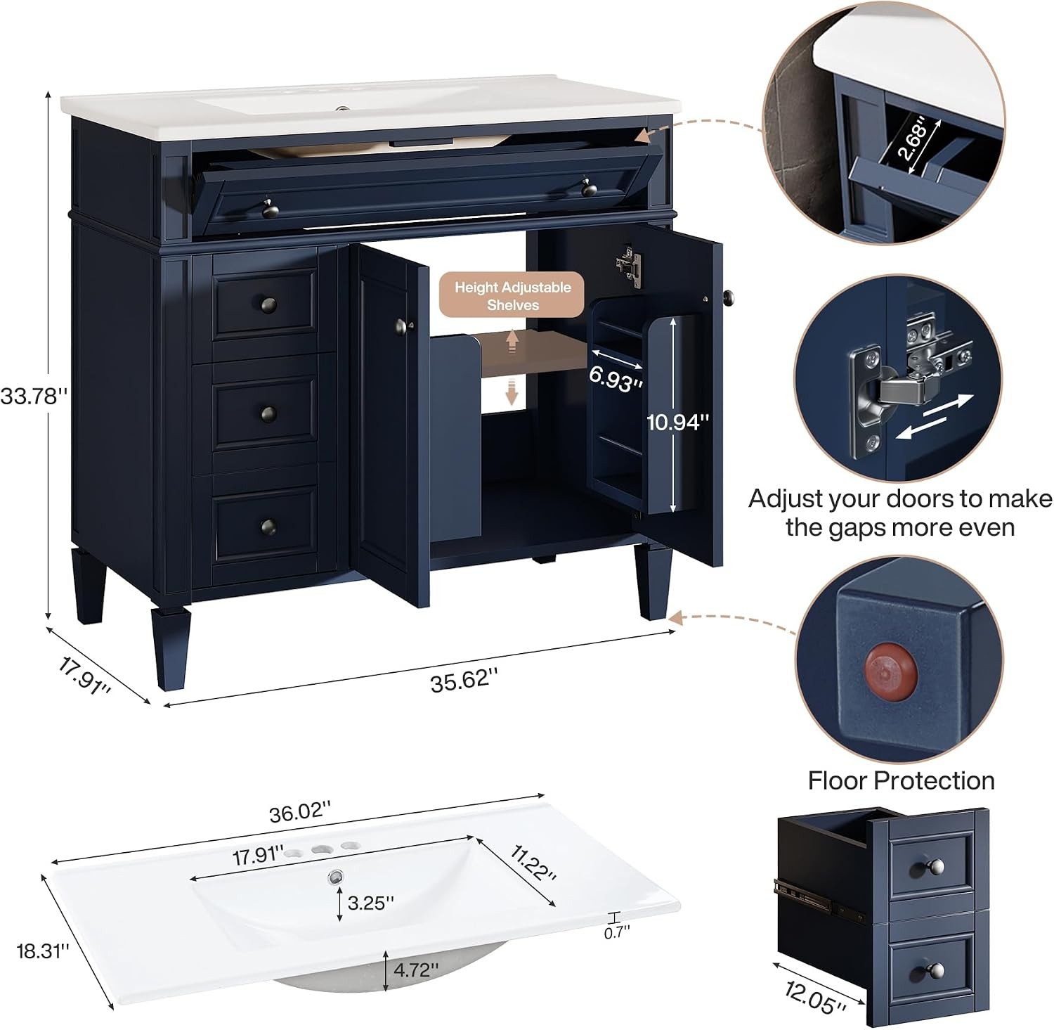 36inch Modern Bathroom Sink Cabinet with 4 Drawers & 2 Doors Bath Storage Vanity