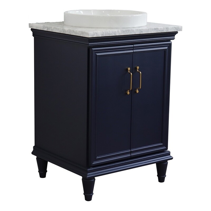 25 in. Single Wooden Vanity Blue with White Carrara Round Sink