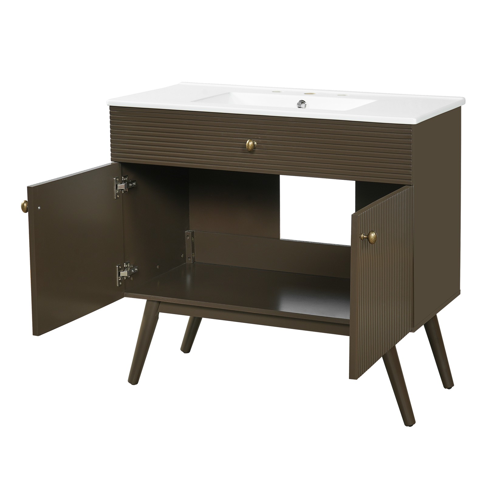 36″ Striped Bathroom Vanity, Soft-Close Dual-Door & Ceramic Sink, Dark Brown