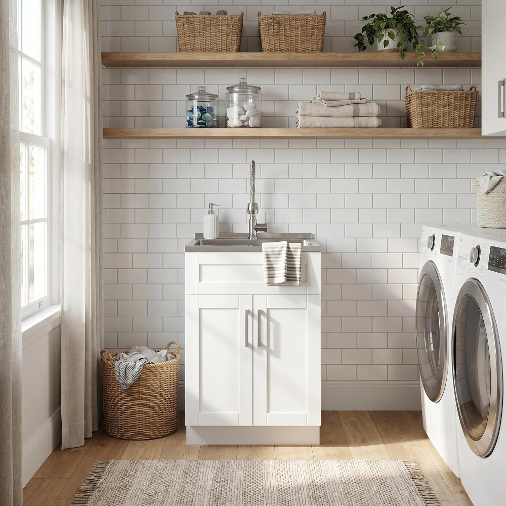 Transitional Stainless Steel Utility Sink Cabinet with High-Arc Chrome Faucet 24