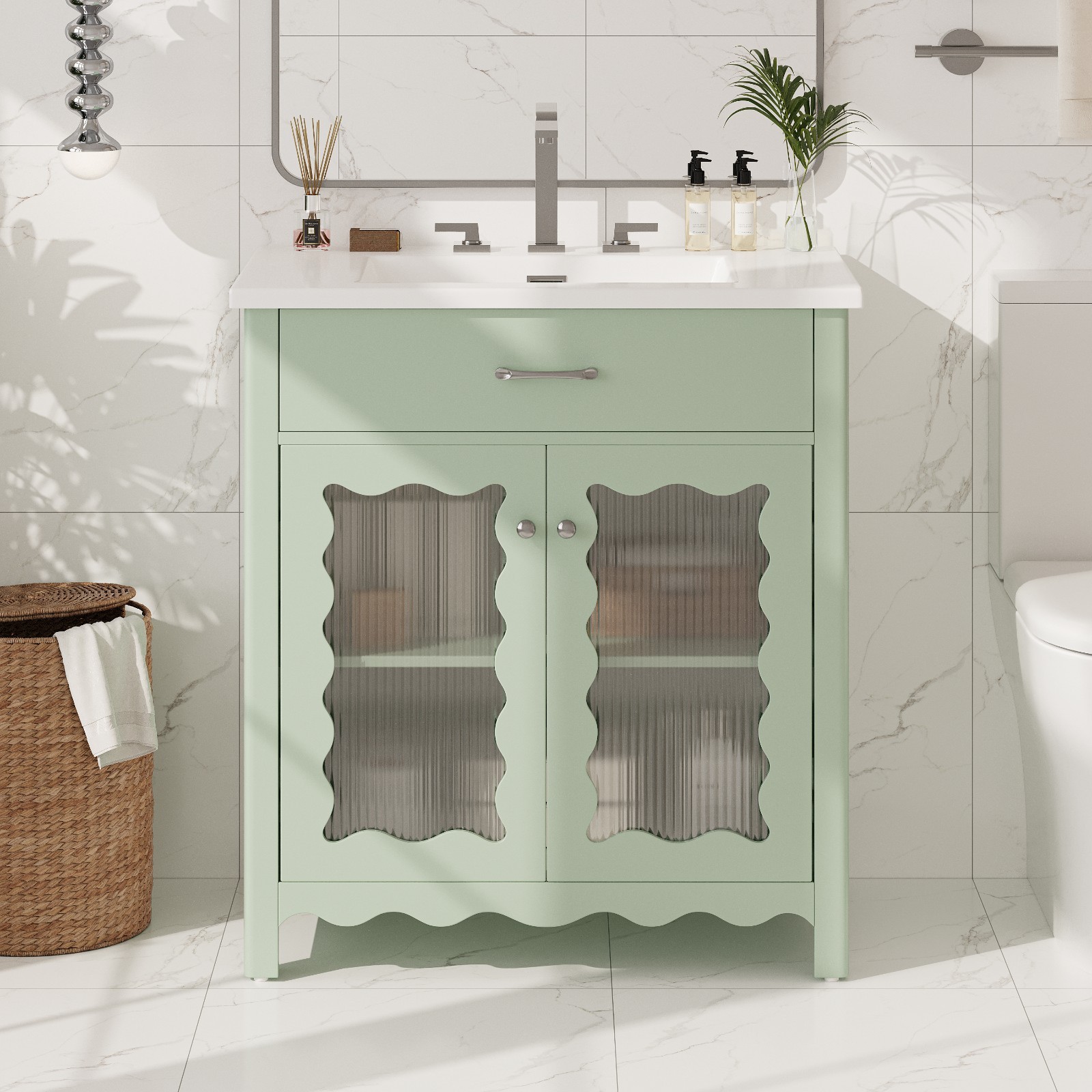 30 Inches Bathroom Vanity with Tempered Glass with Rubber Wood Legs and Doors