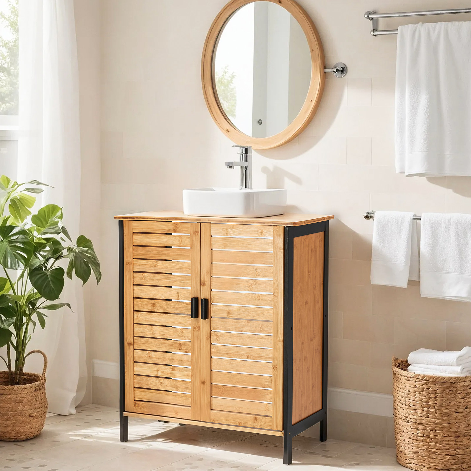 Danrelax 24″ Bamboo Under-Sink Vanity Cabinet Sliding Door & Adjustable Shelf